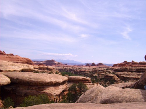 Looking back at Lost Canyon as we hike out to Elephant Canyon, our next campsite. From many vantage points in the park you could see the snow capped La Sal Mountains.