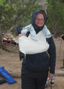 I’ll write more on the medical learning in a future post, but here you can see me rocking an improvised humeral fracture splint… in a torrential downpour (thank goodness for Gortex!)