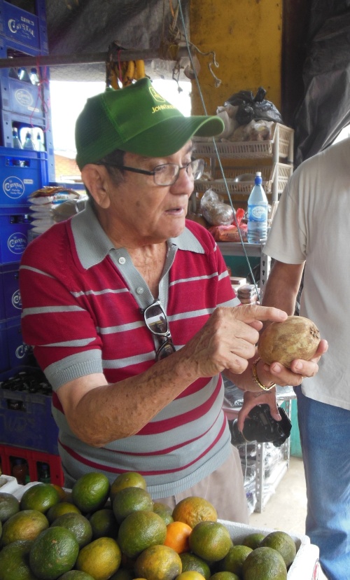 One of our stops on our photo tour of the twin cities was the market place, where Don Hector identified a number of new fruits for me.  Here he is singing the praises of the Sapodilla- the fruit from the tree that produces chicle (the traditional starting ingredient for gum). Belize used to export large amounts of chicle when it was still used in chewing gum. Don Hector likes to joke that Belize is actually a part-owner of Wrigley Field in Chicago.