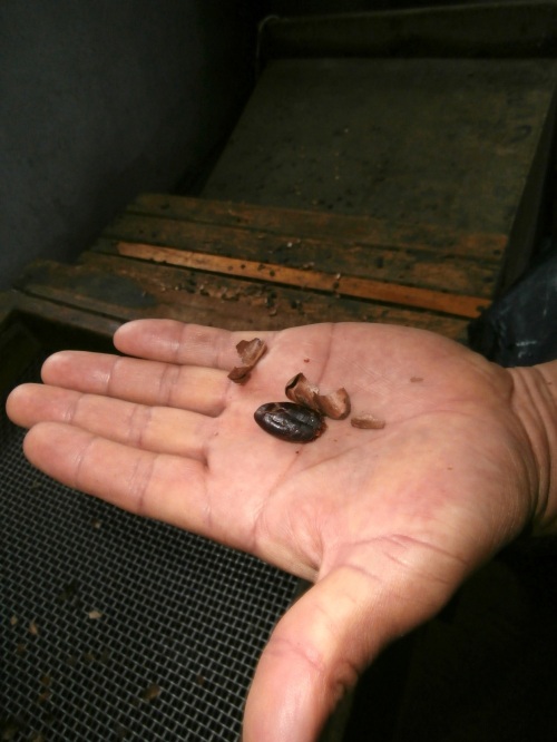This is what you get after you roast the beans: nibs and shells. Throughout the process we were encouraged the try the beans.  As someone who enjoys 100% cacao, I enjoyed nibbling on the nibs.  Not so for the other 3 people on the tour.