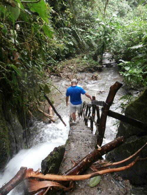 Heading back down the sketchy stairs after we'd visited the falls.